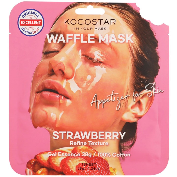 Kocostar Waffle Mask Strawberry 40 g forfiner hudens tekstur med gel-essens i lyserød indpakning