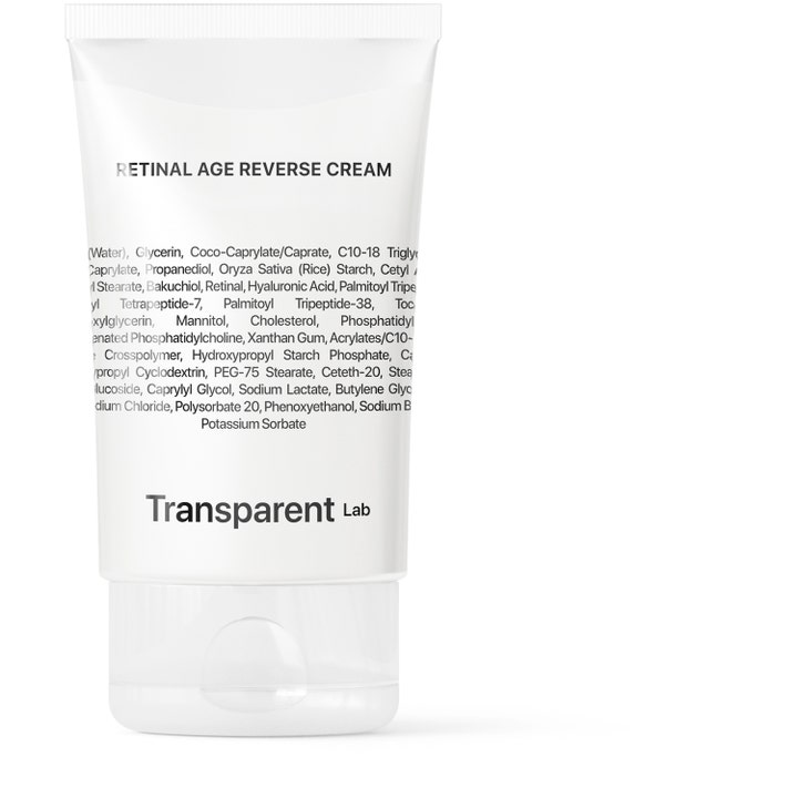 Transparent Lab Retinal Age Reverse Cream 50ml foryngende ansigtscreme i hvid tube med sort tekst og gennemsigtig hætte