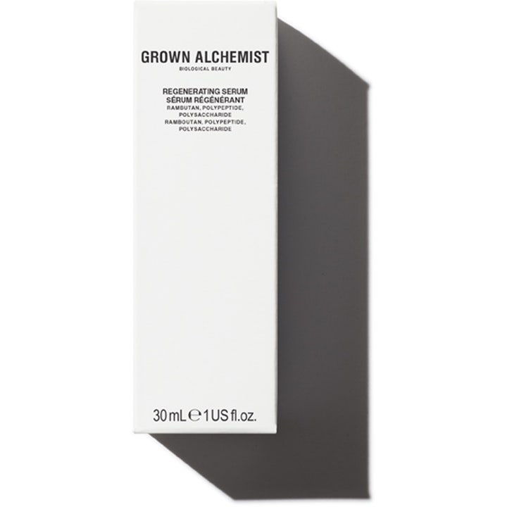 Grown Alchemist Regenerating Serum 30 ml regenererende ansigtsserum i hvid papemballage med sort tekst