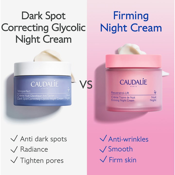 Caudalie Resveratrol-Lift 50 ml opstrammende natcreme i lyserød krukke sammenlignet med blå krukke for fast hud