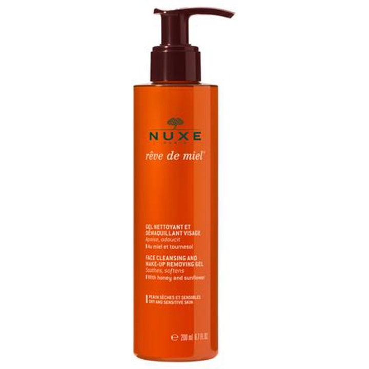 Nuxe Rêve de Miel Face Cleansing and Make-up Removing Gel 200 ml beroligende ansigtsrens i orange flaske med brun pumpe
