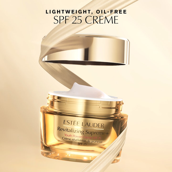 Estée Lauder Revitalizing Supreme+ 50 ml dagcreme i guldrukke med hvid creme og let oliefri SPF 25 formel.