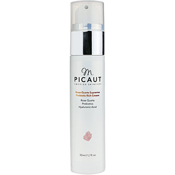 M Picaut Rose Quartz Supreme Probiotic Rich Cream 50 ml i hvid pumpeflaske med sølvdetaljer