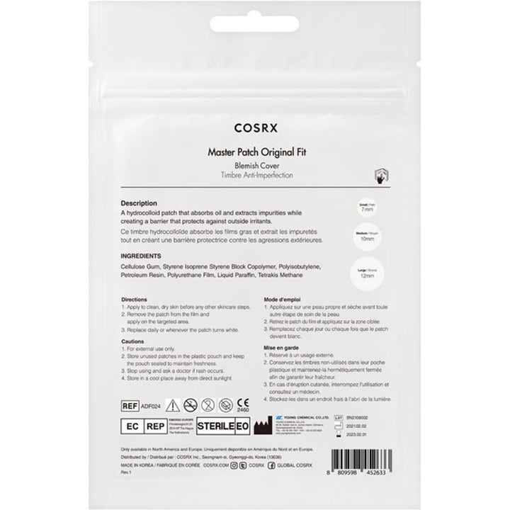 COSRX Master Patch Original Fit Duo bumseplaster mod urenheder bagside af hvid pose med brugsvejledning