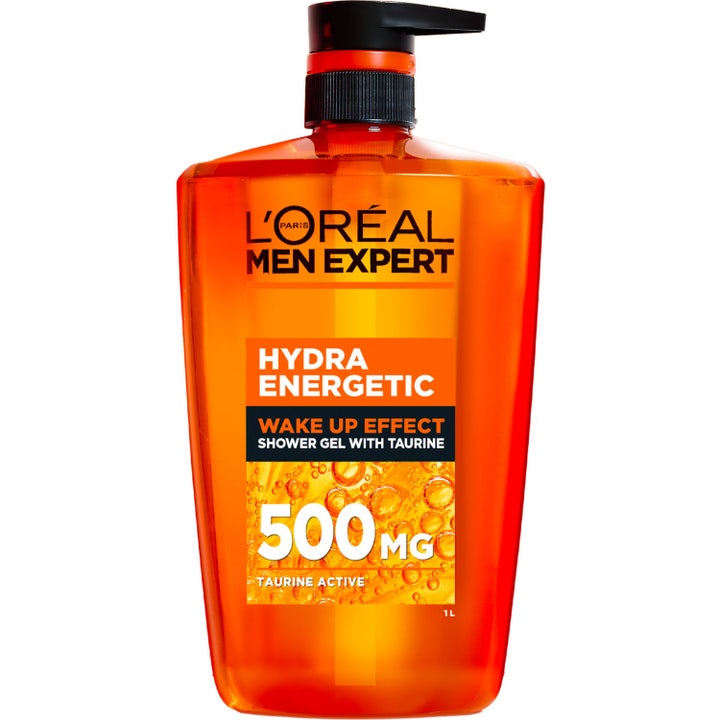 L'Oréal Men Expert Hydra Energetic 1000 ml energigivende showergel med taurin i orange gennemsigtig plastflaske med pumpe