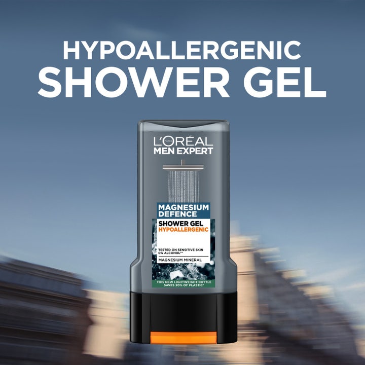 L'Oréal Paris Men Expert Magnesium Defence 300 ml showergel til sensitiv hud i grå flaske med sort låg.