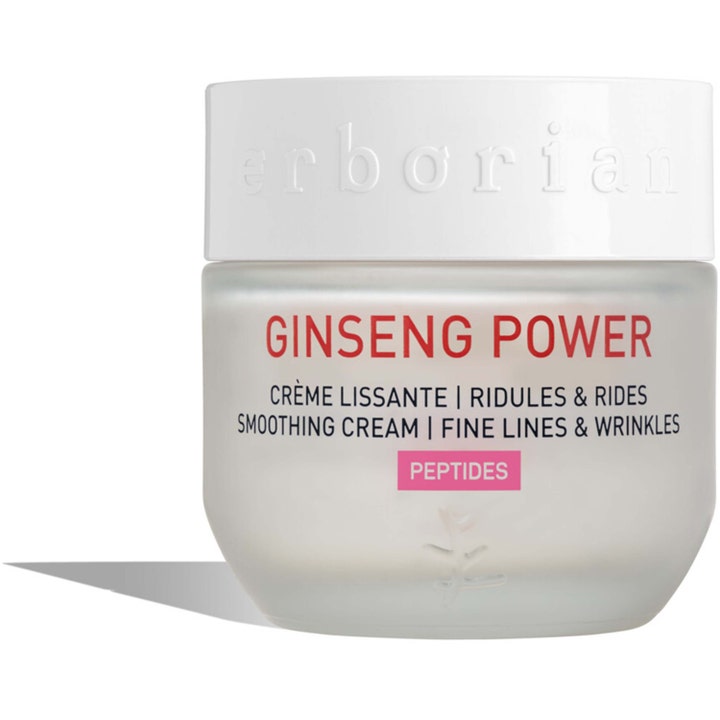 Erborian Ginseng Power 50 ml udglattende ansigtscreme med peptider i en krukke af frostet glas med hvidt låg