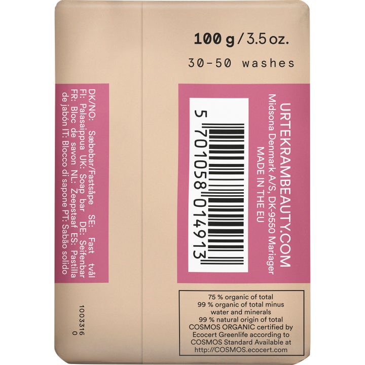 Urtekram Rose Soap Bar 100 g plejende fast sæbe i beige papiremballage med pink detaljer og stregkode.