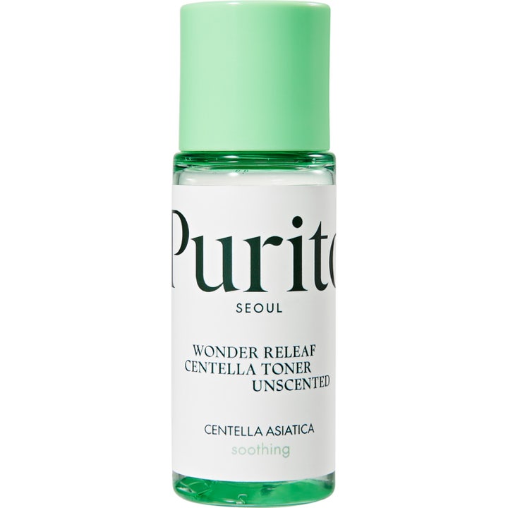 Purito Seoul Wonder Releaf Centella Toner Unscented beroliger huden i gennemsigtig flaske med mintgrønt låg