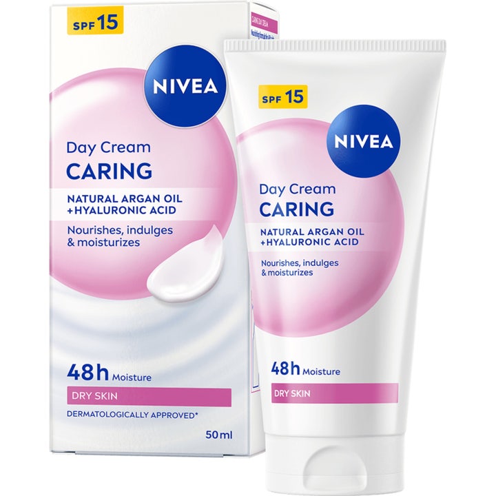 Nivea Caring Day Cream 50 ml fugtgivende ansigtscreme med SPF 15 i hvid tube og emballage med lyserøde detaljer