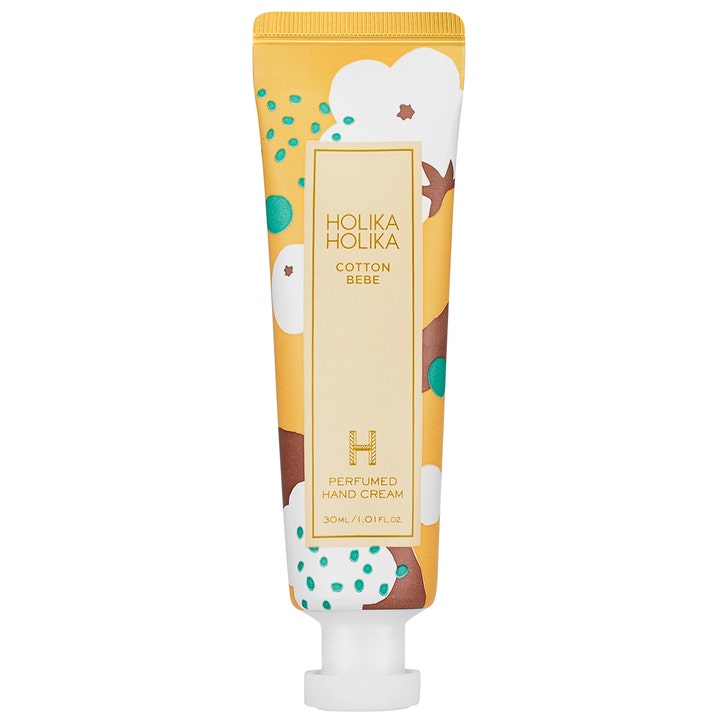 Holika Holika Cotton Bebe Perfumed Hand Cream 30 ml blødgørende håndcreme i gul tube med hvide bomuldsblomster