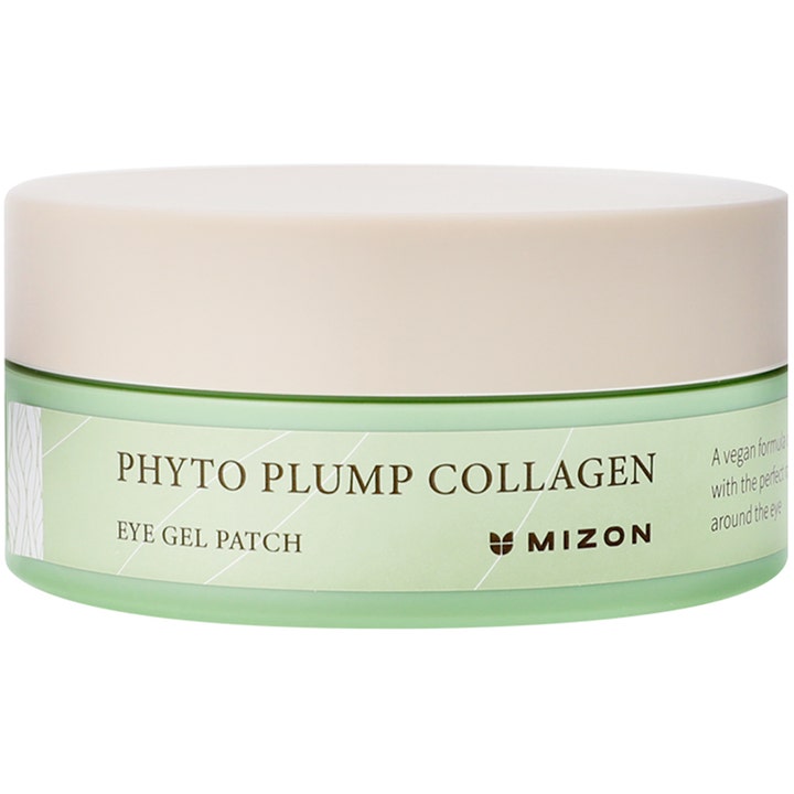 Mizon Phyto Plump Collagen Eye Gel Patch 60 stk vegansk øjenmaske der giver fugt i lysegrøn krukke med beige låg
