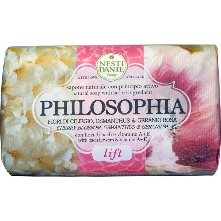 Nesti Dante Philosophia Lift 250g fast sæbe der plejer huden indpakket i papir med hvide og lyserøde blomstermotiver