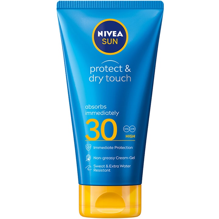 Nivea Sun Protect & Dry Touch SPF 30 solcreme gel der absorberes hurtigt i en blå plasttube med gult låg.