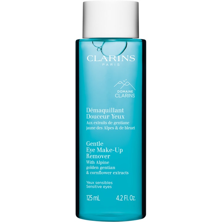 Clarins Gentle Eye Make-Up Remover 125 ml beroligende øjenmakeupfjerner i blå gennemsigtig flaske med sølvlåg