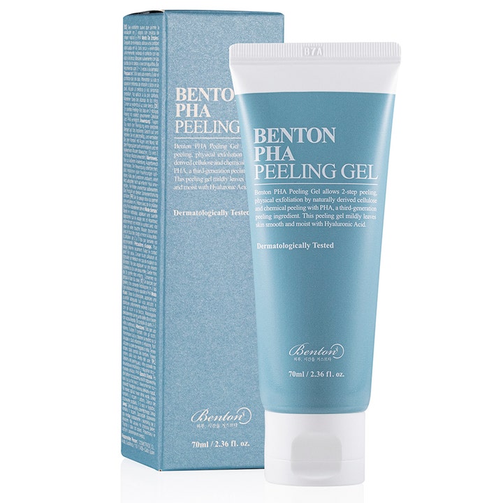 Benton PHA Peeling Gel 70ml eksfolierende ansigtsgel der giver fugt i lyseblå tube og æske med hvidt skruelåg