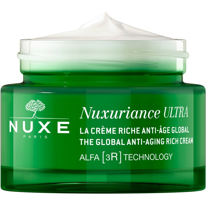 Nuxe Nuxuriance Ultra Rich Day Cream 50 ml plejer tør hud i en grøn glaskrukke med hvid creme og Alfa [3R] Technology.