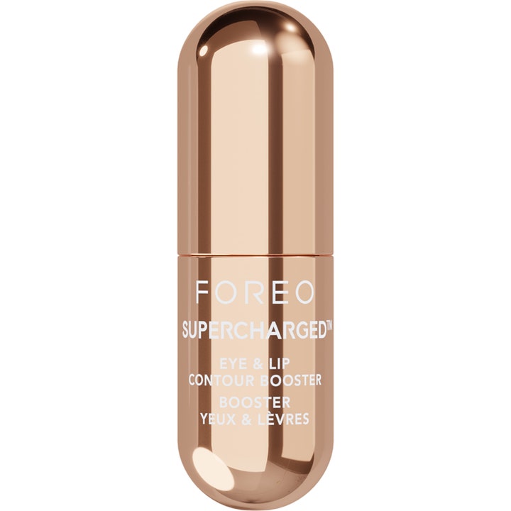 FOREO SUPERCHARGED Eye & Lip Contour Booster 10,5 ml opstrammende serum i en skinnende rose guld kapsel