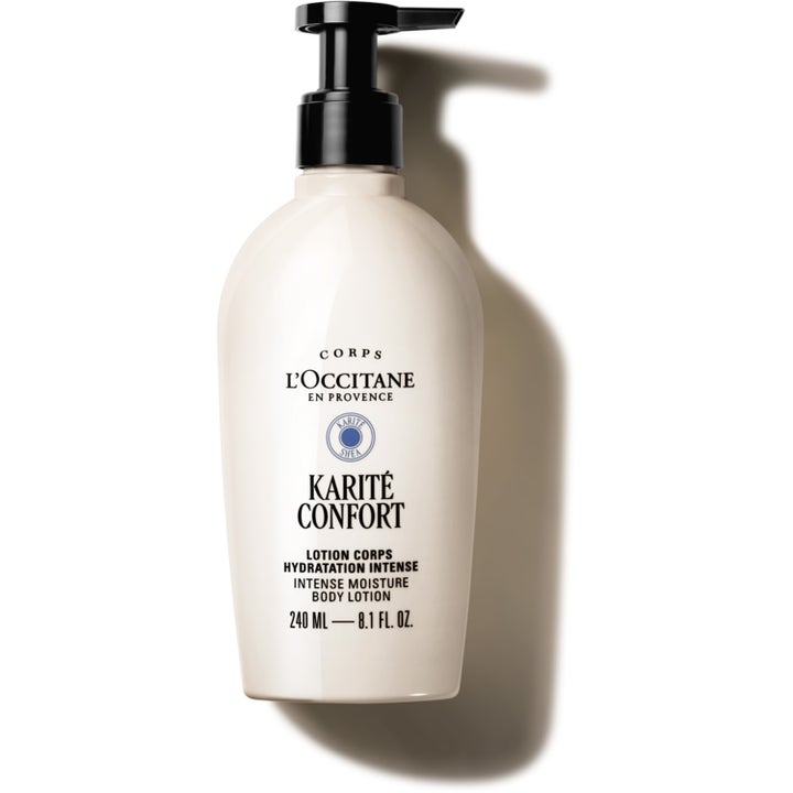 L'Occitane Karité Confort 240 ml fugtgivende bodylotion med sheasmør i en beige flaske med sort pumpe.