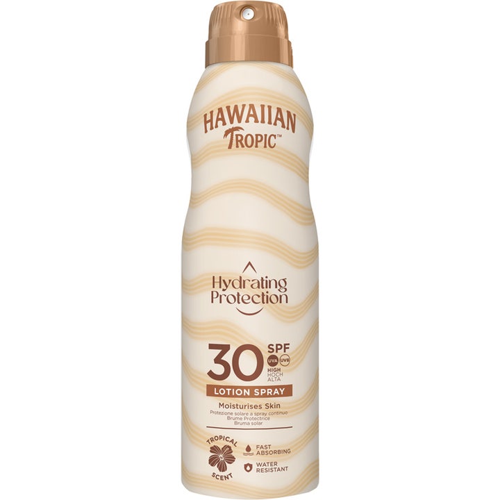 Hawaiian Tropic Hydrating Protection SPF 30 solcreme spray fugter huden i hvid flaske med guld bølgeprint og bronzelåg