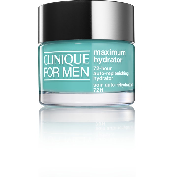 Clinique For Men Maximum Hydrator 72-hour fugtgivende ansigtsgel i glaskrukke med turkis gel og sort metallåg.