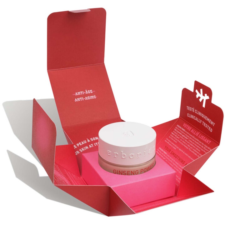 Erborian Ginseng Power 50 ml anti-age ansigtscreme i glaskrukke i en rød og pink papæske.