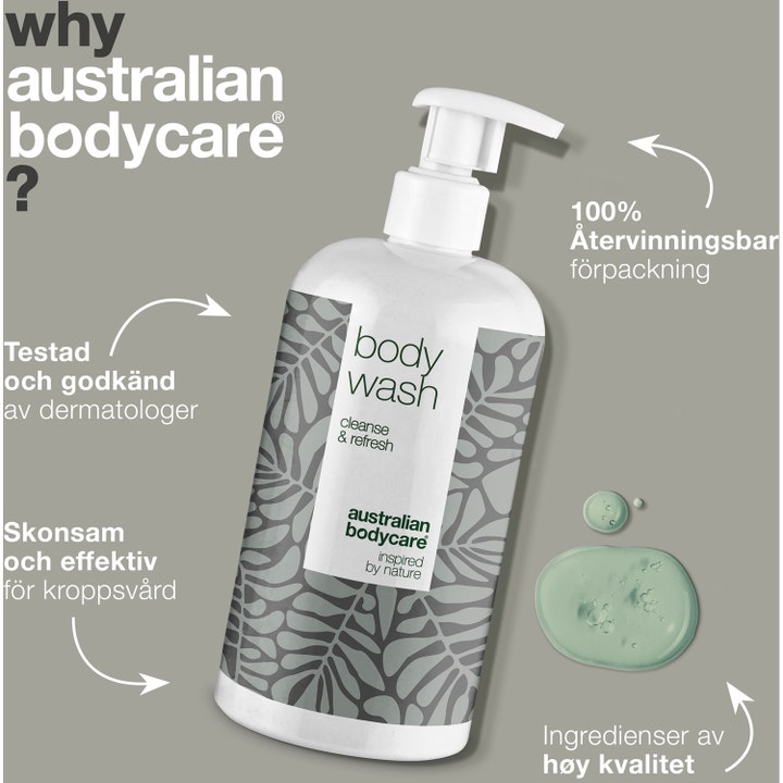 Australian Bodycare Body Wash 500 ml kropsvask med Tea Tree Oil i hvid pumpeflaske og en dråbe grøn gel.