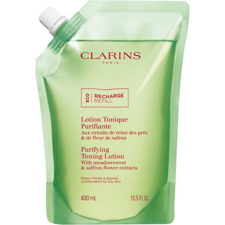 Clarins Purifying Toning Lotion 400 ml rensende ansigtsvand i lysegrøn gennemsigtig refillpose med hvidt låg