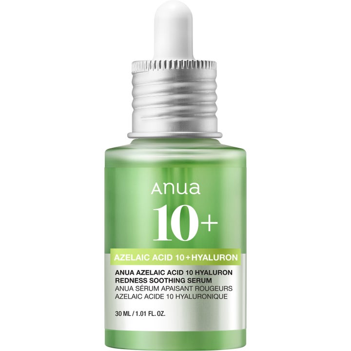 Anua Azelaic Acid 10 + Hyaluron 30 ml beroligende serum mod rødme i grøn glasflaske med sølvfarvet top
