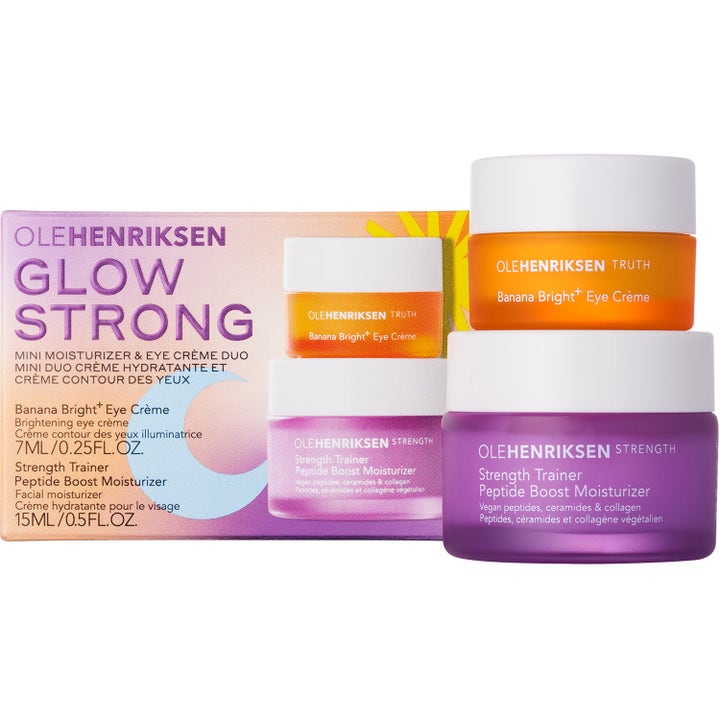 Ole Henriksen Glow Strong 22 ml hudplejesæt med lilla og orange krukker der giver intens fugt og fornyet glød
