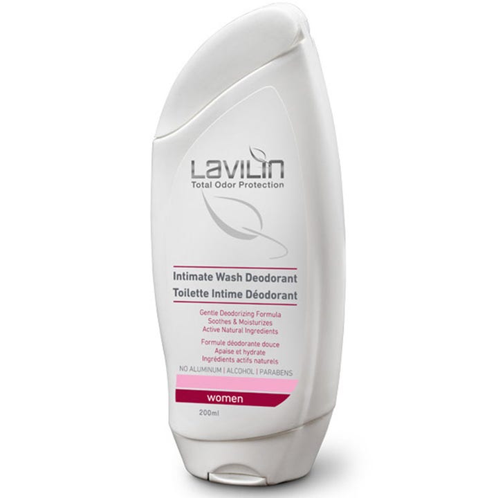 Lavilin Intimate Wash Deodorant 200 ml beroligende intimsæbe i hvid buet plastflaske med lyserøde detaljer