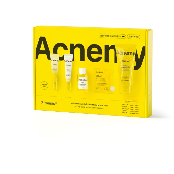 Acnemy Zitminis Starter Kit 5 dele mod urenheder i gul æske med rejsestørrelser af rensegel og punktbehandling