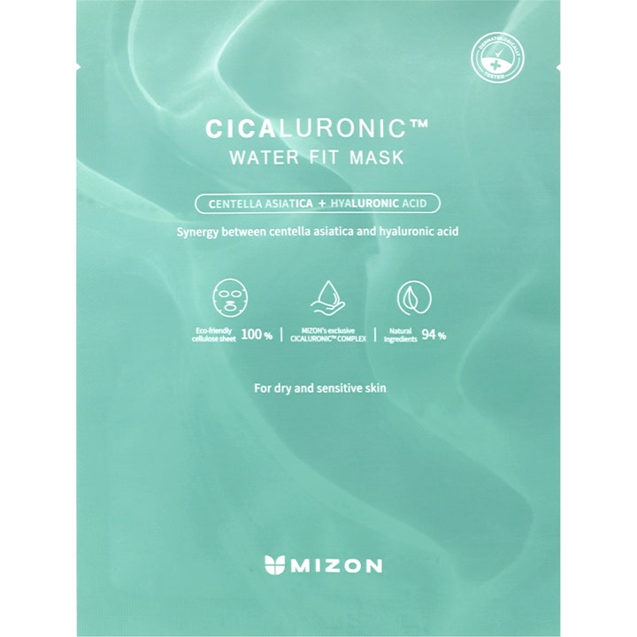 Mizon Cicaluronic Water Fit Mask 1 stk fugtgivende sheet maske i lysegrøn emballage med bløde vandbølger