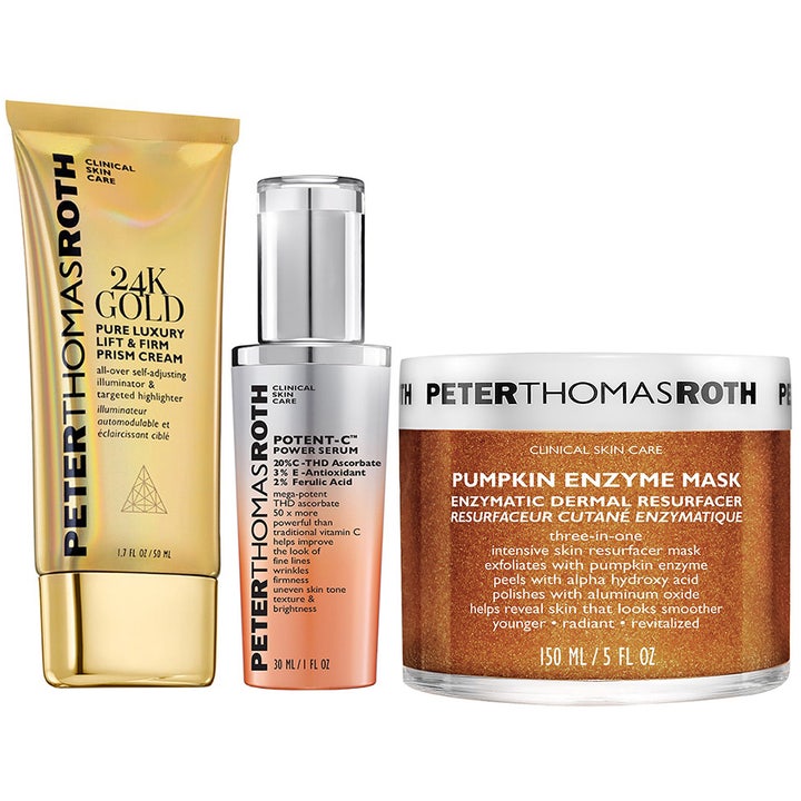 Peter Thomas Roth hudplejesæt giver glød med guld tube sølvfarvet serum og orange ansigtsmaske i krukke