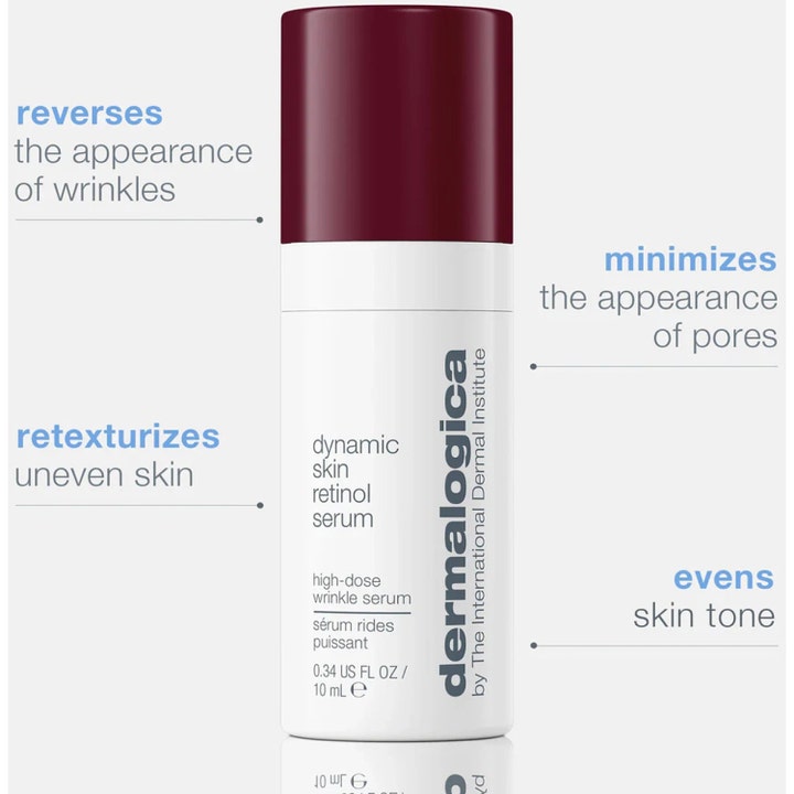 Dermalogica Dynamic Skin Retinol Serum 10 ml mindsker rynker og porer i hvid flaske med bordeaux låg.