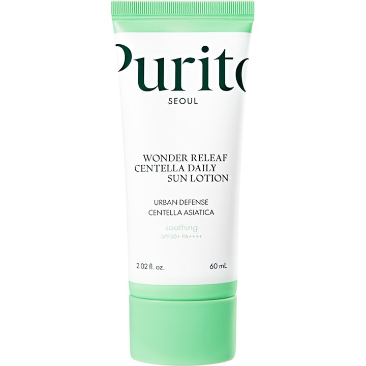 Purito Seoul Wonder Releaf Centella Daily Sun Lotion 60 ml beroligende solcreme i hvid tube med lysegrønt låg.