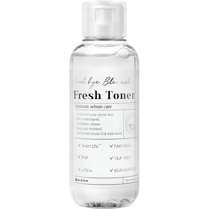 Mizon Good Bye Blemish Fresh Toner 120ml balancerende ansigtsvand i klar plastflaske med hvidt vippelåg