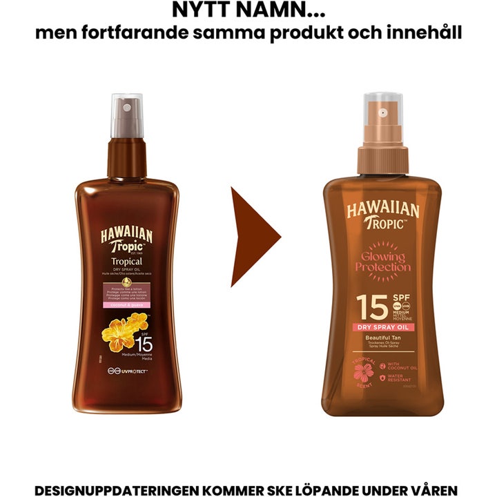 Hawaiian Tropic Glowing Protection Dry Spray Oil 200 ml SPF 15 sololie viser nyt og gammelt design