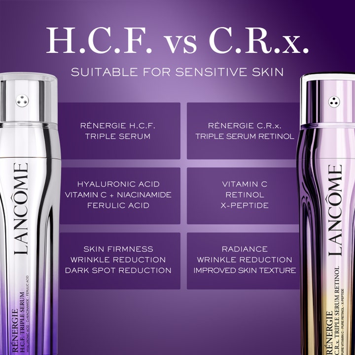 Lancôme Rénergie C.R.x Triple Serum Retinol 50 ml serum med retinol og vitamin C i en lilla sammenligningsoversigt.