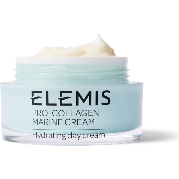 Elemis Pro-Collagen Marine Cream fugtgivende dagcreme i lyseblå krukke med fyldig hvid creme
