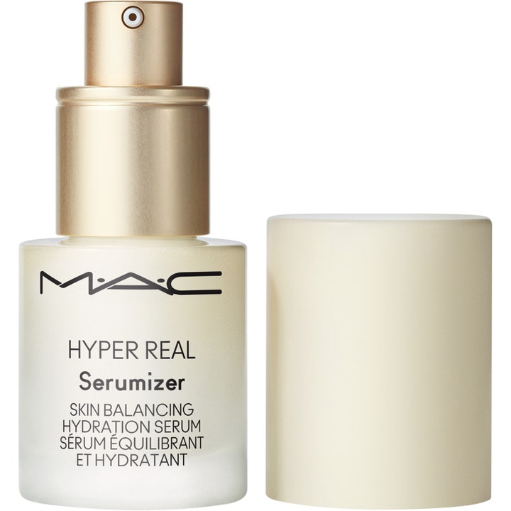 MAC Cosmetics Hyper Real Serumizer 15 ml hydrerende serum i frostet glasflaske med guldpumpe og løst hvidt låg