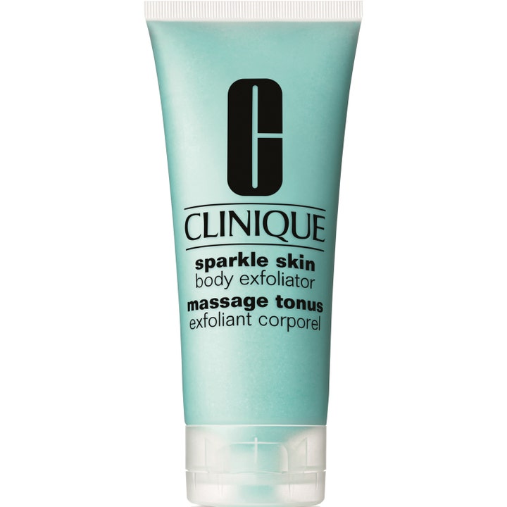 Clinique Sparkle Skin Body Exfoliator kropspeeling der giver blød hud i en mintgrøn tube med gennemsigtigt låg