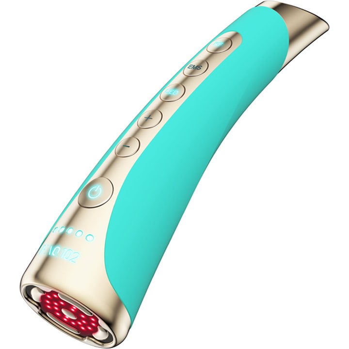FAQ Swiss FAQ 102 LED-Pulse Facial Device Topaz 1 stk opstrammende beauty tech i turkis og guld med lysende rødt LED