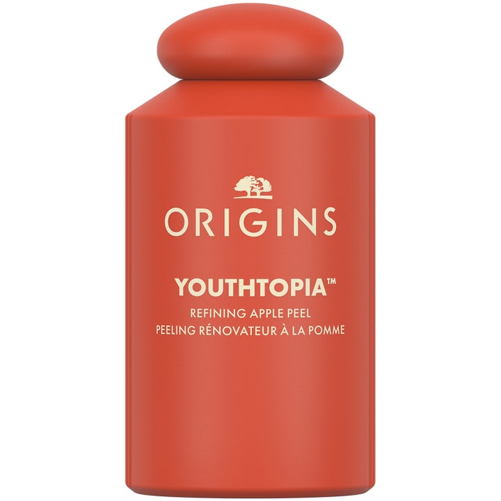 Origins Youthtopia Refining Apple Peel 100ml eksfolierende ansigtspeeling i mat rød flaske med afrundet låg