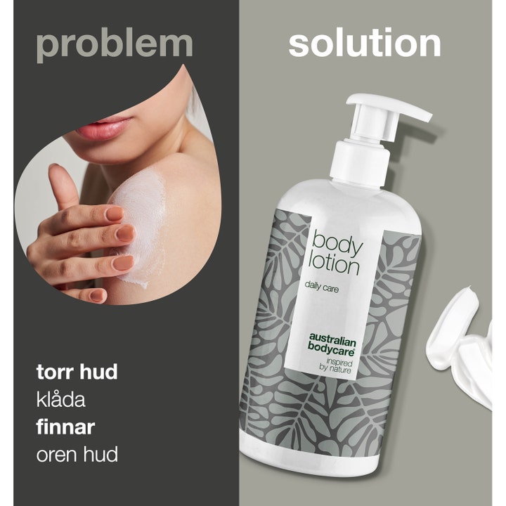 Australian Bodycare Body Lotion 500 ml mod tør hud og kløe i hvid pumpeflaske med creme tekstur og bladmønster.