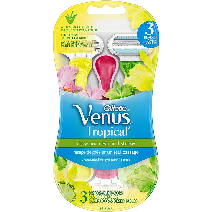 Gillette Venus Tropical 3-pak engangsskrabere med aloe vera i farverig indpakning med gule og lyserøde skrabere.