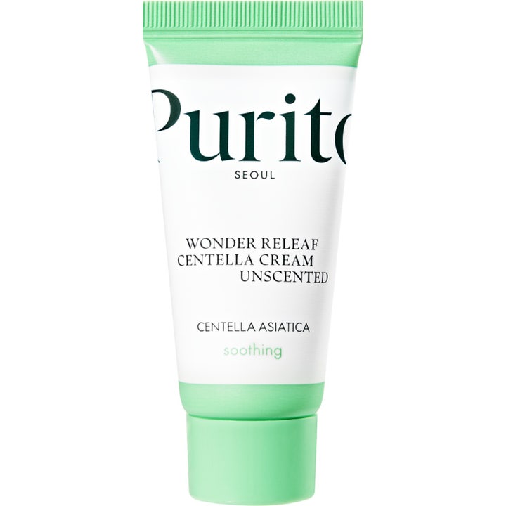 Purito Wonder Releaf Centella Cream Unscented beroligende ansigtscreme i hvid tube med mintgrønt låg