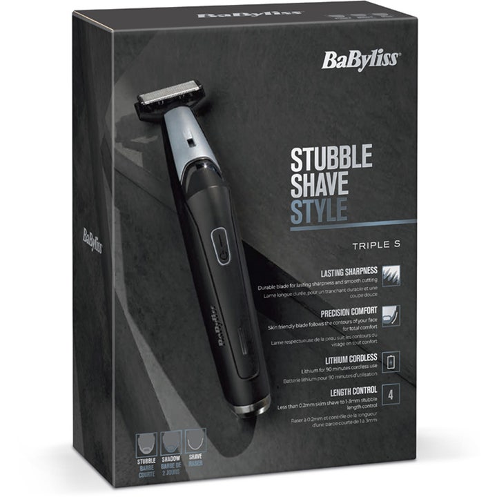 BaByliss Triple S Beard Trimmer 1 stk skægtrimmer i sort emballage med fokus på stubbe og præcis barbering