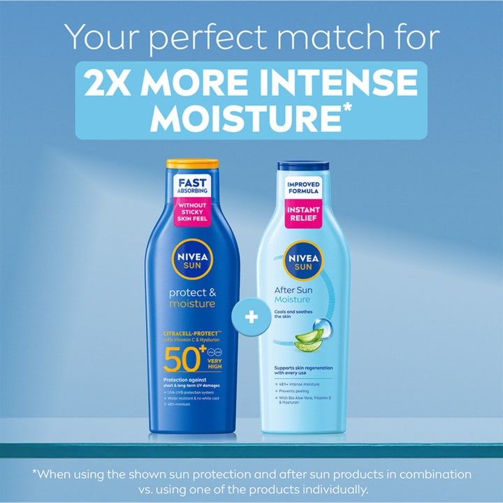NIVEA After Sun Moisture Lotion 200 ml kølende aftersun vist med solcreme for dobbelt så intens fugtpleje.