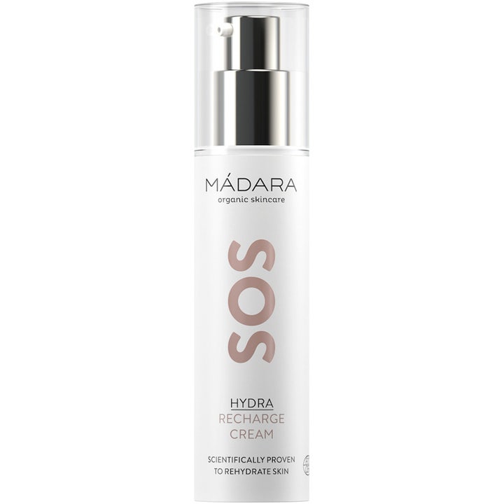 Mádara SOS Hydra Recharge Cream fugtgivende ansigtscreme i hvid pumpeflaske med sølvdetaljer og rosa tekst